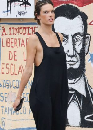 Alessandra Ambrosio in Black Jumpsuit - Out in Miami
