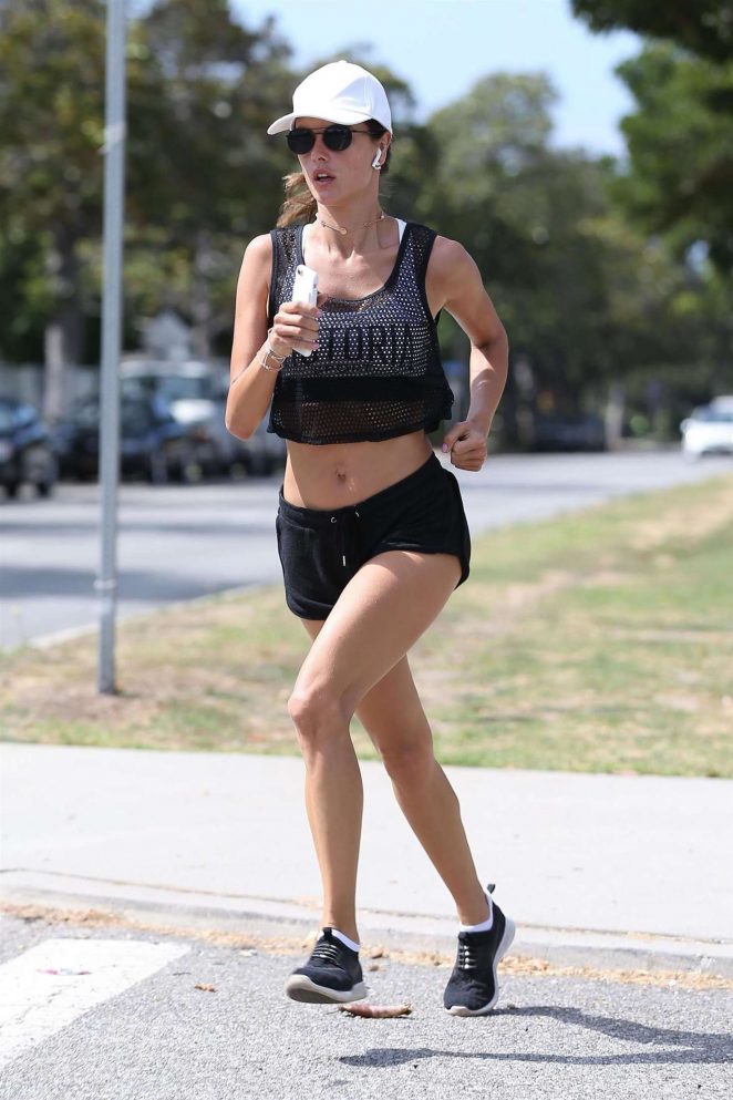 Alessandra Ambrosio in Shorts jogging in Santa Monica