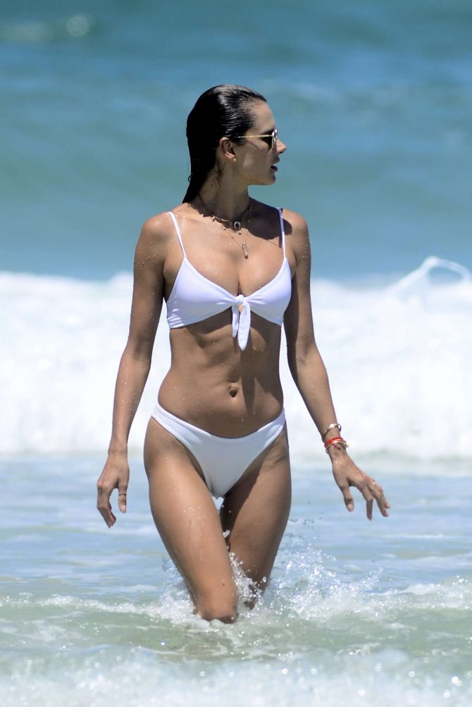 Alessandra Ambrosio in White Bikini on the beach in Rio de Janeiro