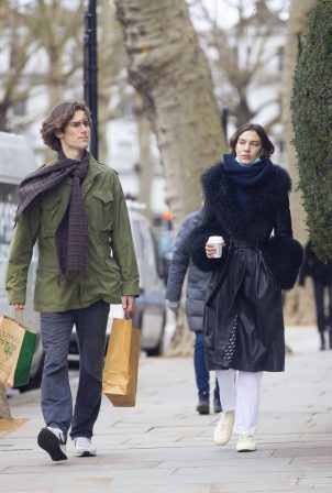 Alexa Chung - In a leather coat out with boyfriend Orson Fry in London