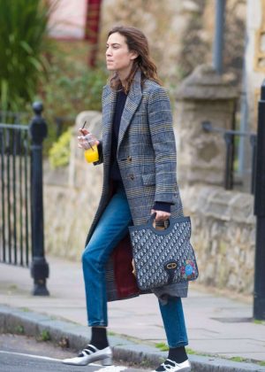Alexa Chung in Long Gray Coat Out in London