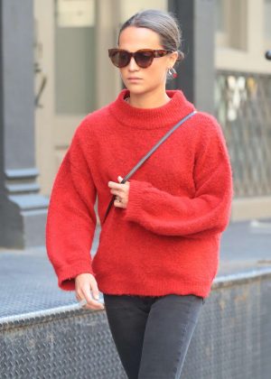 Alicia Vikander in Red Sweaters out in New York City