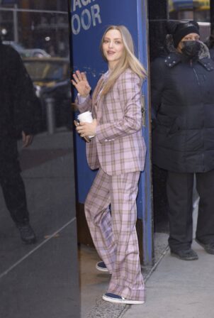 Amanda Seyfried - Dons pink plaid pantsuit at Good Morning America in New York