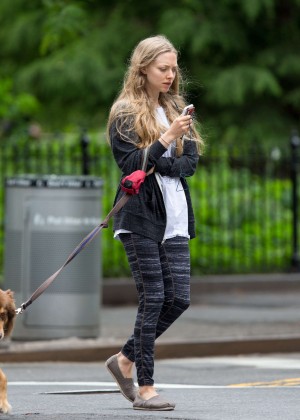 Amanda Seyfried in Leggings Walking her dog in NYC