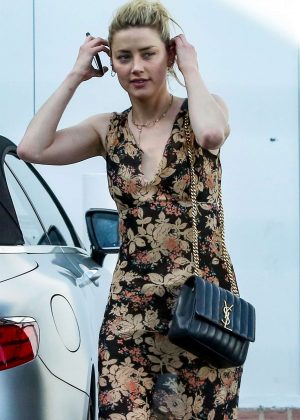 Amber Heard in Floral Print Dress - Out in LA