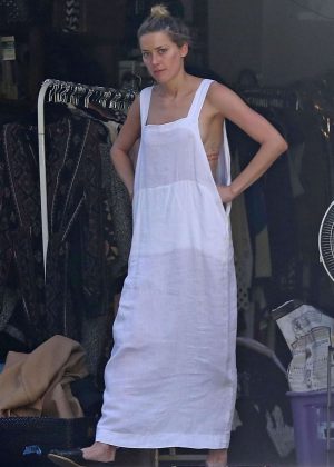 Amber Heard in White Long Dress in her garage in Los Angeles