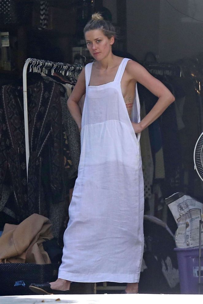 Amber Heard in White Long Dress in her garage in Los Angeles