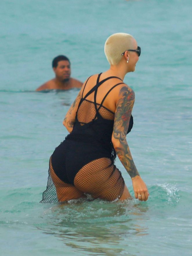 Amber Rose in Black Swimsuit on the Beach in Miami