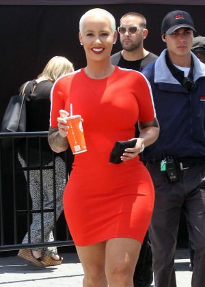 Amber Rose in Red Mini Dress On Extra Set in Hollywood
