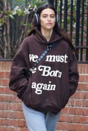 Amelia Hamlin - Dons 'We Must Be Born Again' hoodie around Manhattan’s Soho area