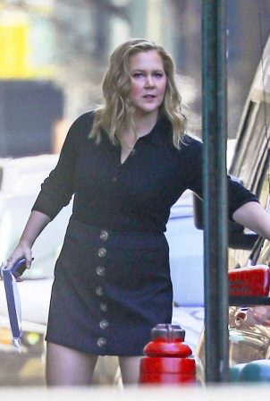 Amy Schumer - In short black button-down dress on her way to an NY Pops Up event in Manhattan