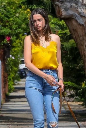 Ana De Armas in Yellow Top out with her dog in Venice