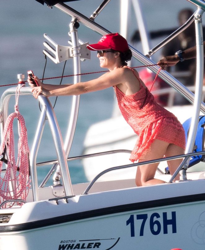 Andrea Corr in Short Summer Dress on a boat in Barbados