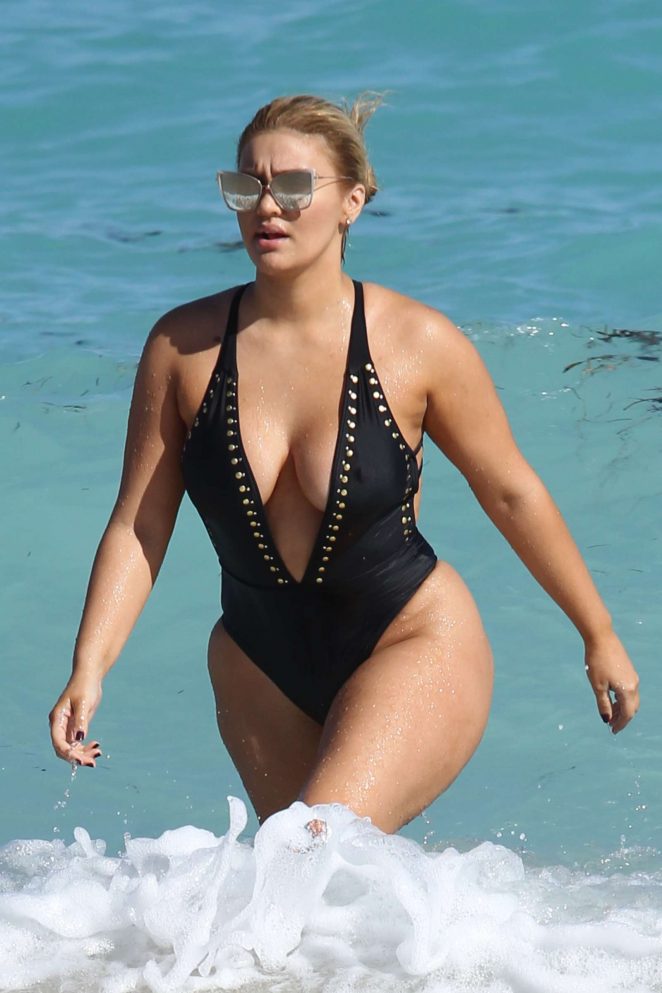 Andrea Gaviria in Black Swimsuit on Miami Beach