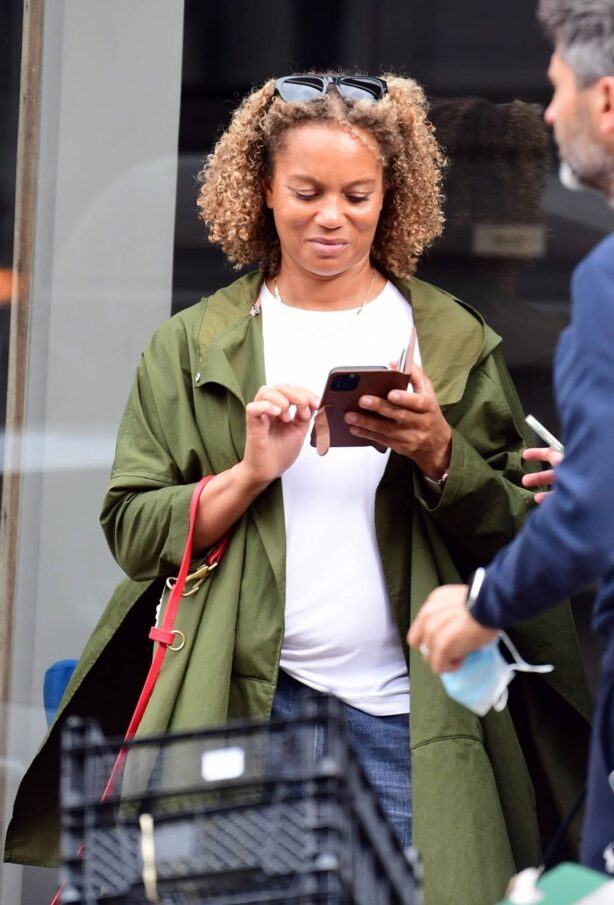 Angela Griffin - Wearing long green coat while walking in Hampstead