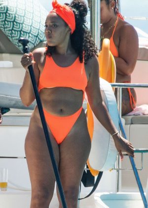 Angela Simmons in Orange Bikini on the yacht in Barbados