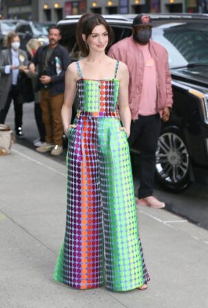 Anne Hathaway - In a Christopher John Rogers ensemble at TLS with Stephen Colbert