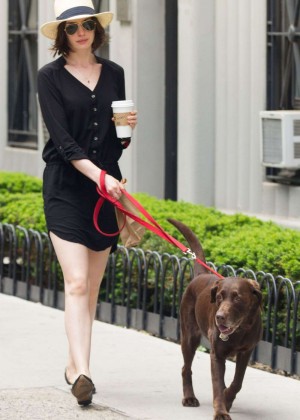 Anne Hathaway in Mini Dress Walking her dog in NYC