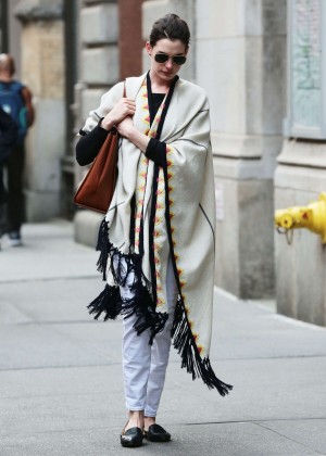 Anne Hathaway in Poncho Out in NYC
