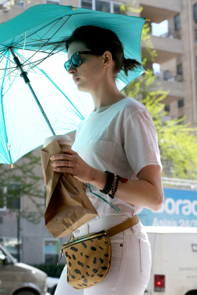 Anne Hathaway in White Jeans Out in NYC