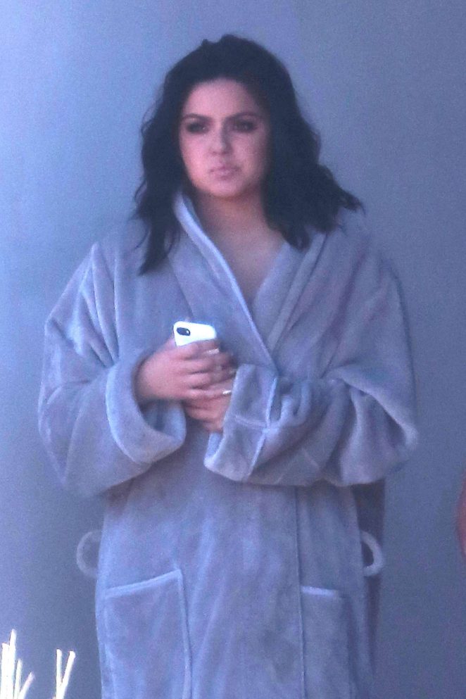 Ariel Winter in a grey robe in Los Angeles