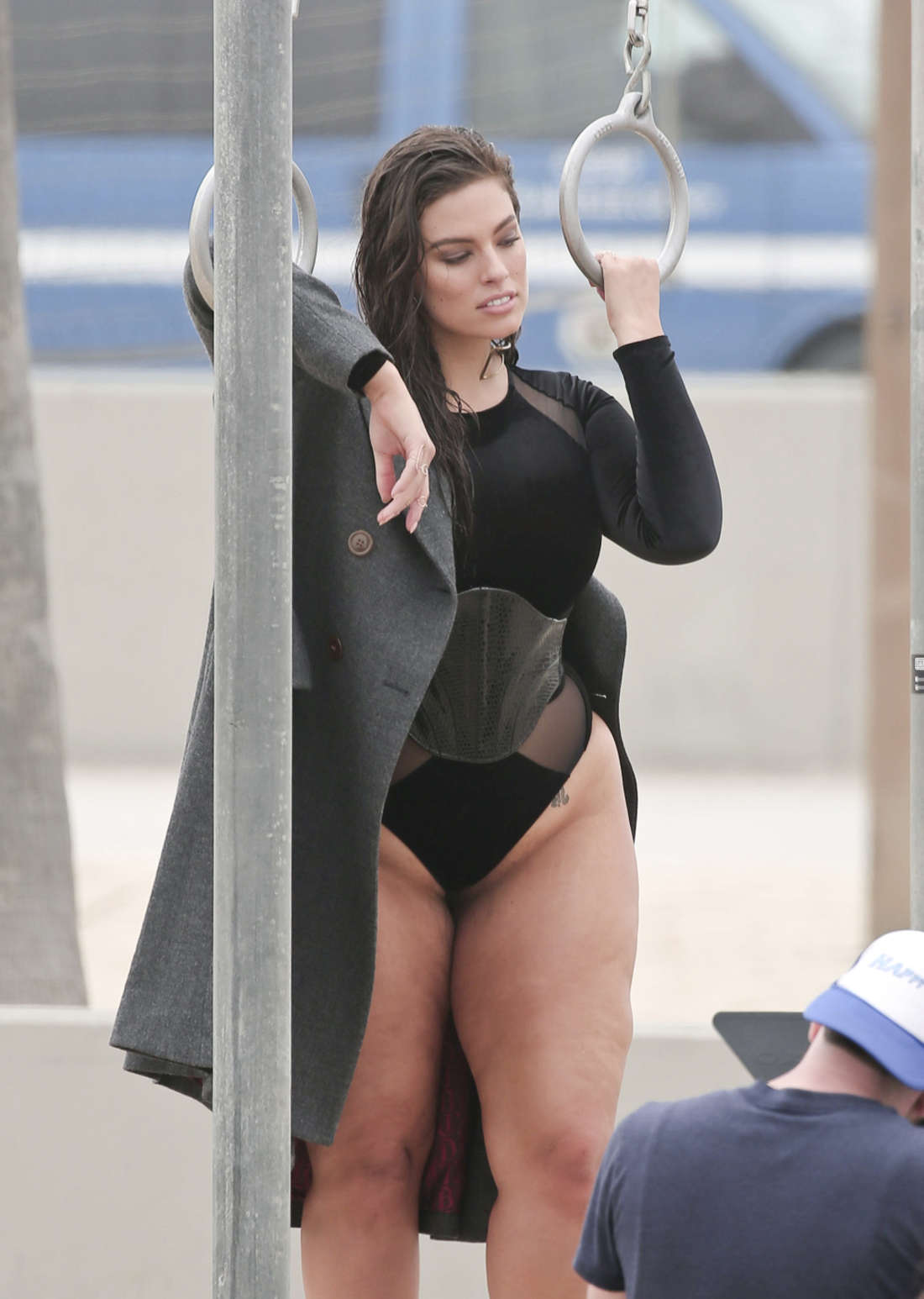 Ashley Graham in Black Swimsuit Photoshoot on Venice Beach