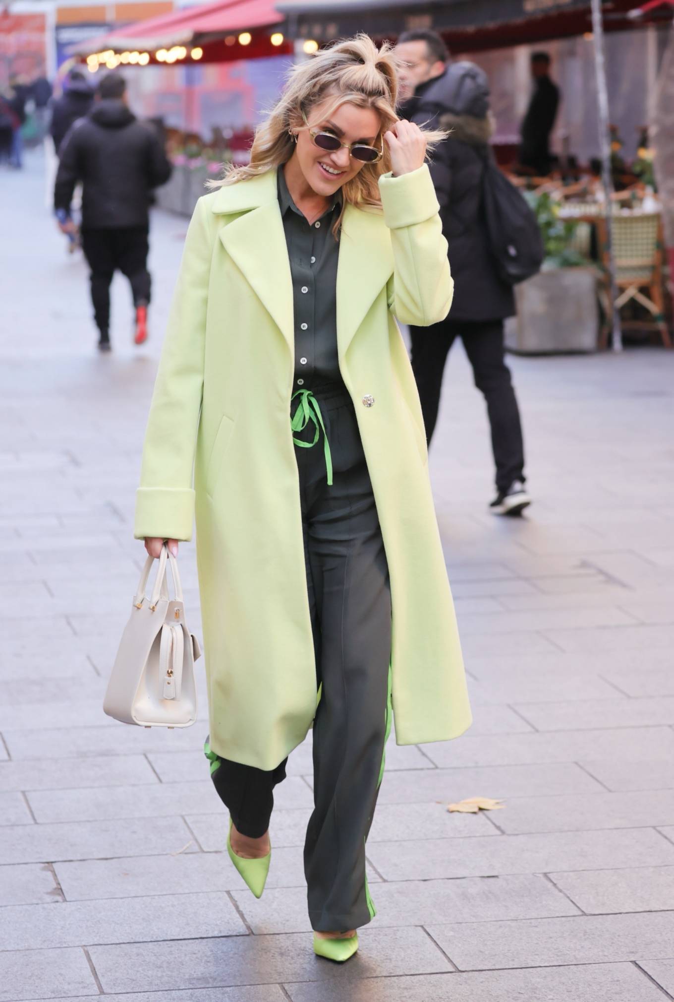 Ashley Roberts 2021 : Ashley Roberts – In a lime green trench coat at Heart radio in London-02