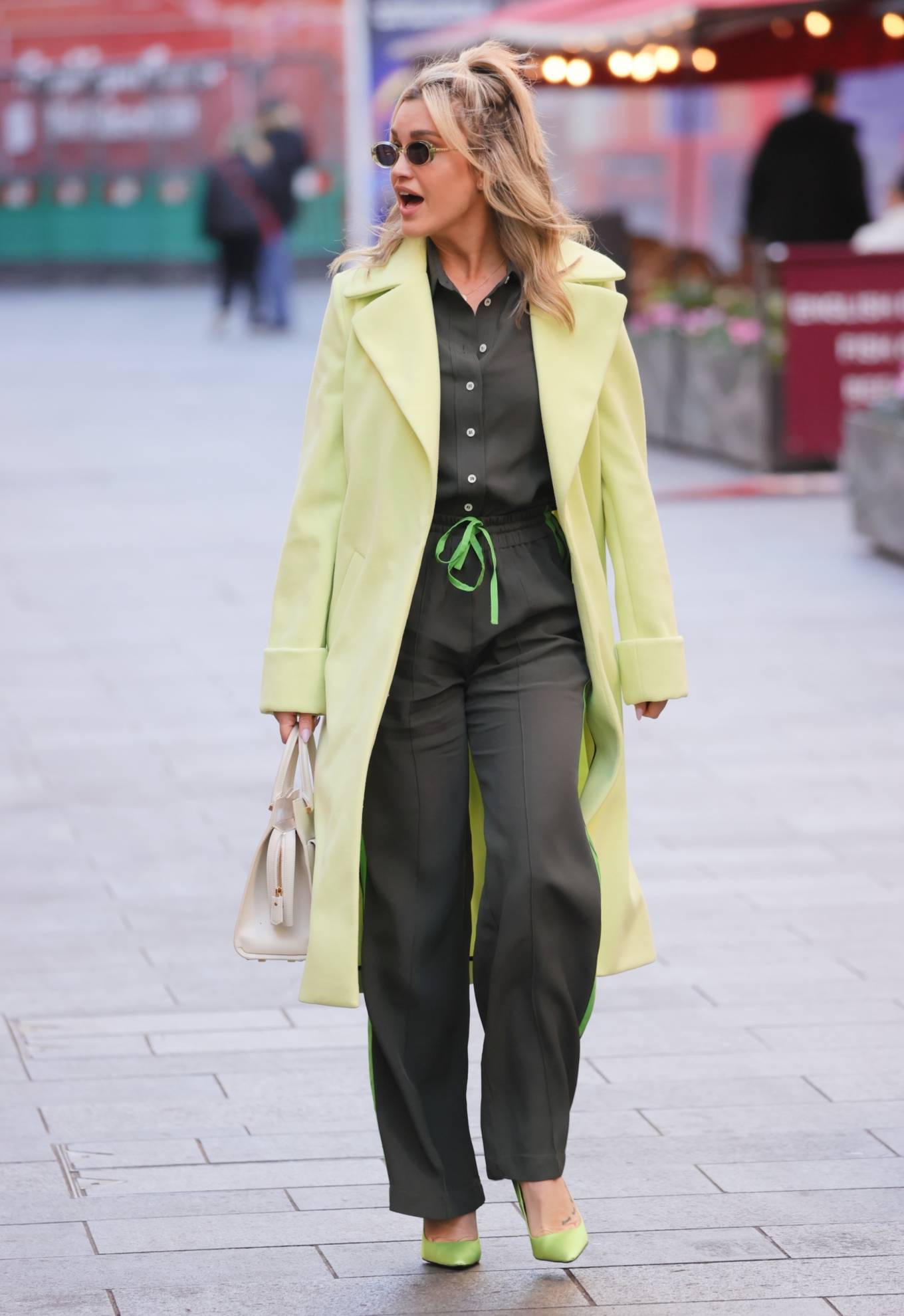 Ashley Roberts 2021 : Ashley Roberts – In a lime green trench coat at Heart radio in London-29