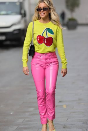 Ashley Roberts - In pink leather pants and yellow leaving the Heart Radio Studios in London