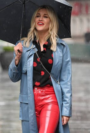 Ashley Roberts in Red Leather Pants - Out on a rainy day in London