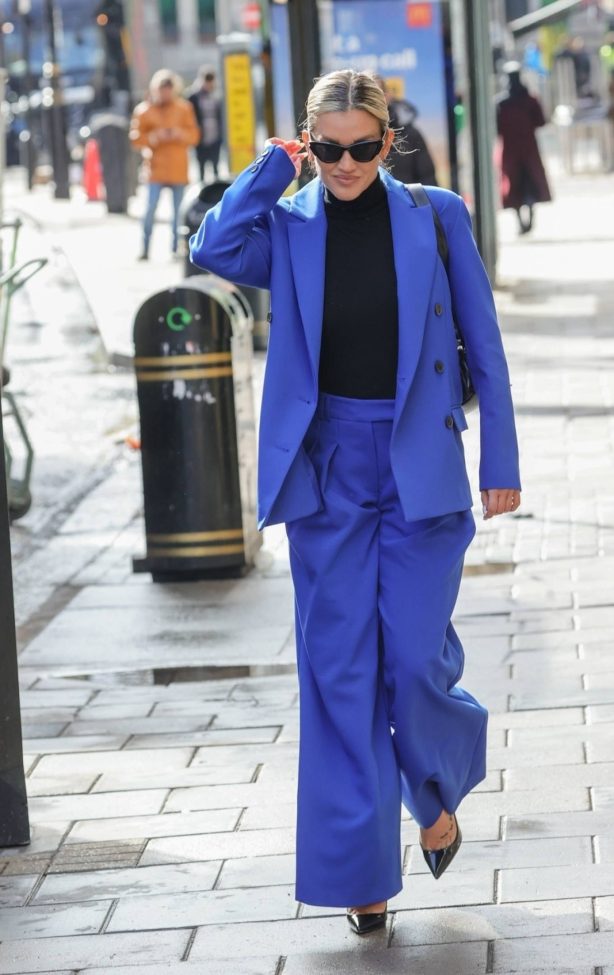 Ashley Roberts - Looks striking in a neon blue trouser suit stepping out in Mayfair - London