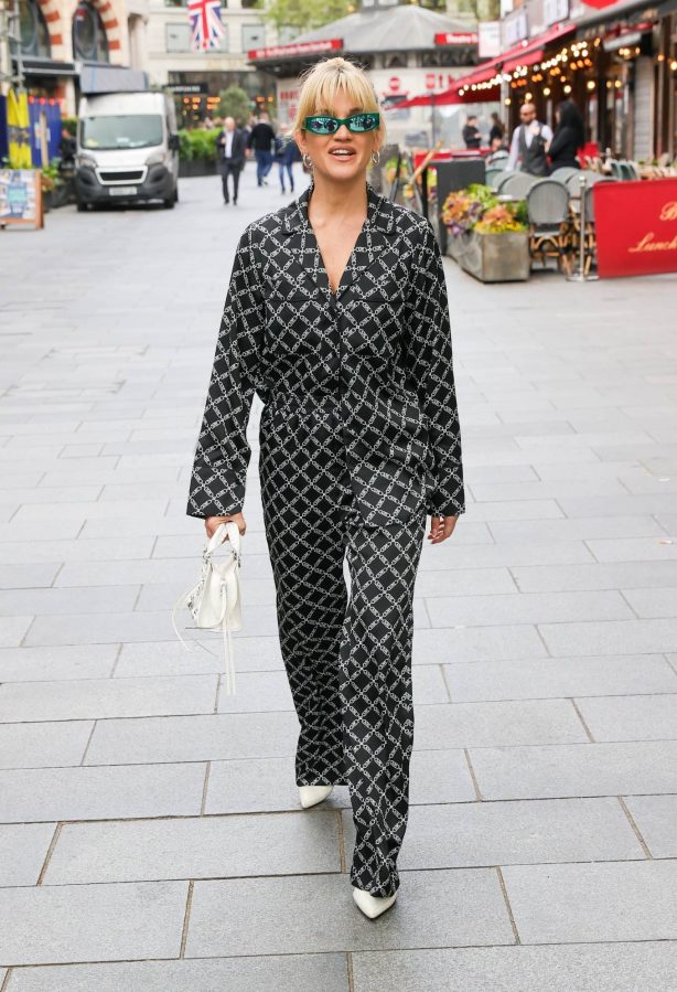 Ashley Roberts - Wearing a pyjama styled patterned two piece at Global offices