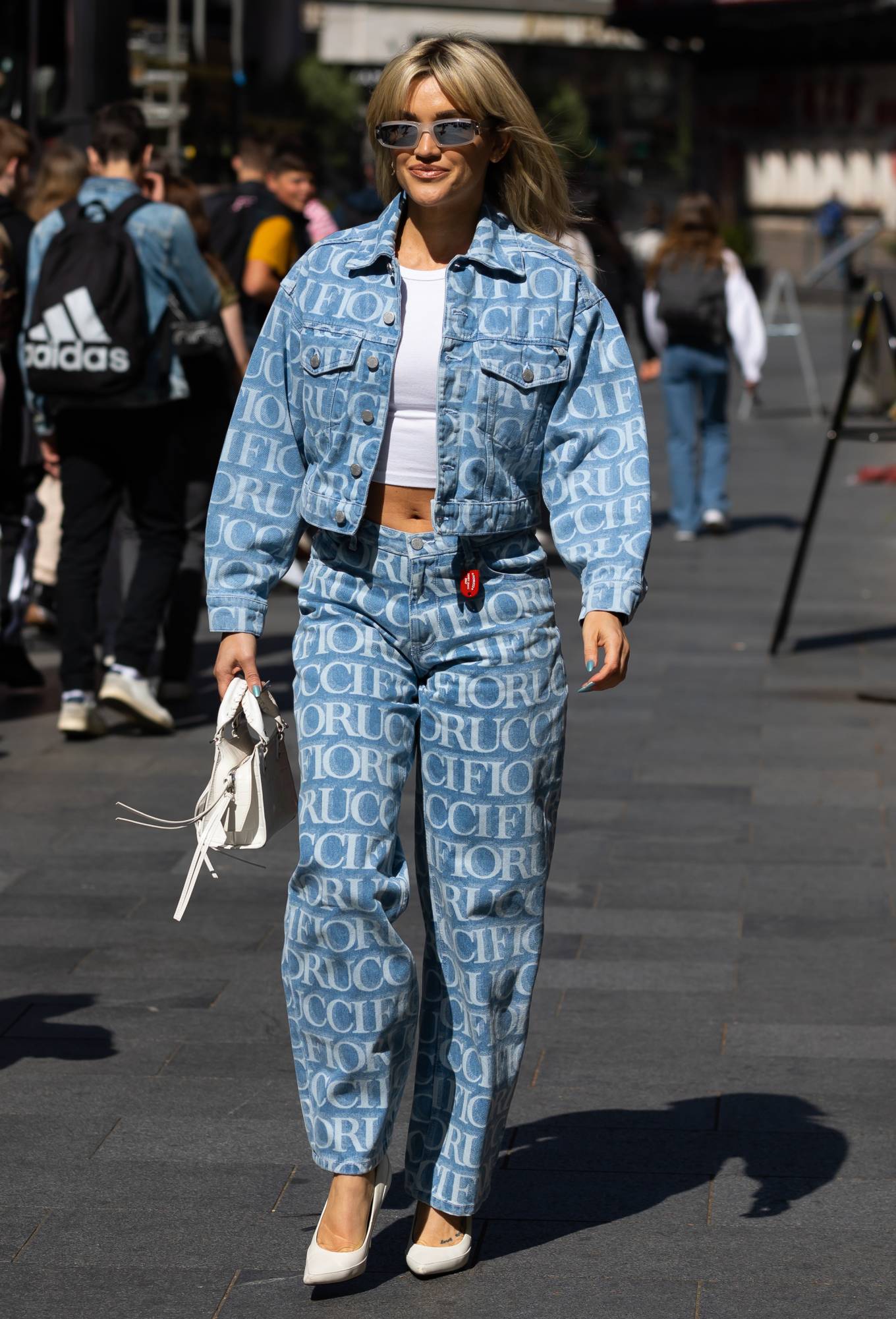 Ashley Roberts - Wearining a printed double denim suit in London