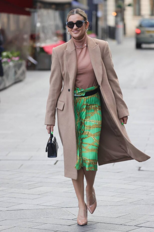 Ashley Roberts - Wears festive green skirt stepping out from Heart radio in London
