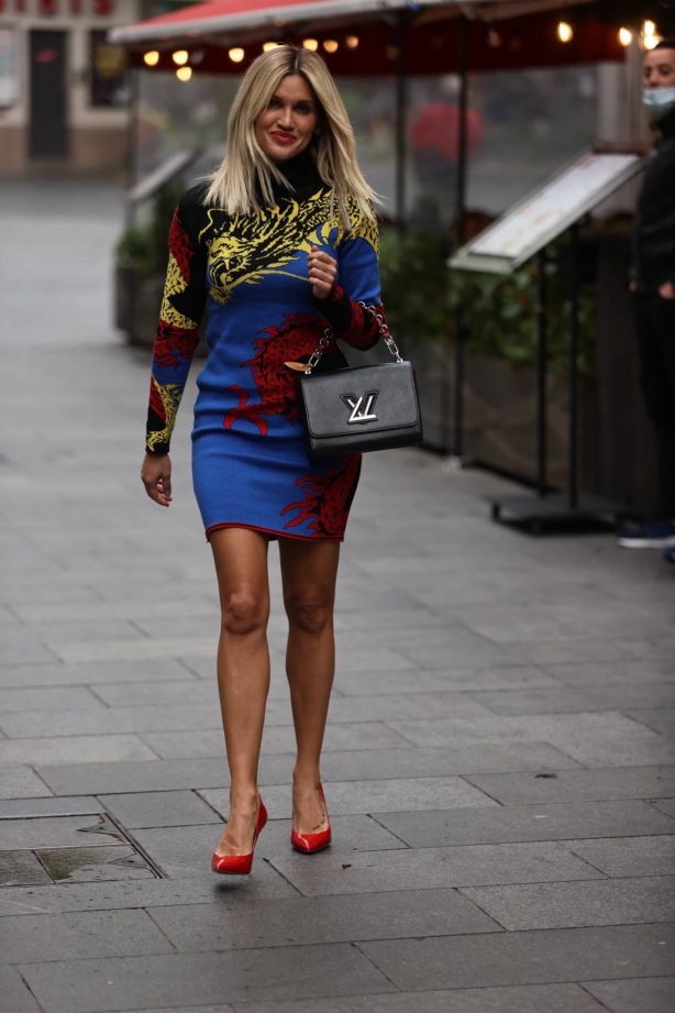 Ashley Roberts - Wears multicoloured print dress at Heart radio in London