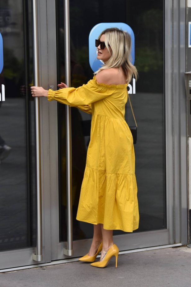 Ashley Roberts - Wears mustard yellow River Island dress in London