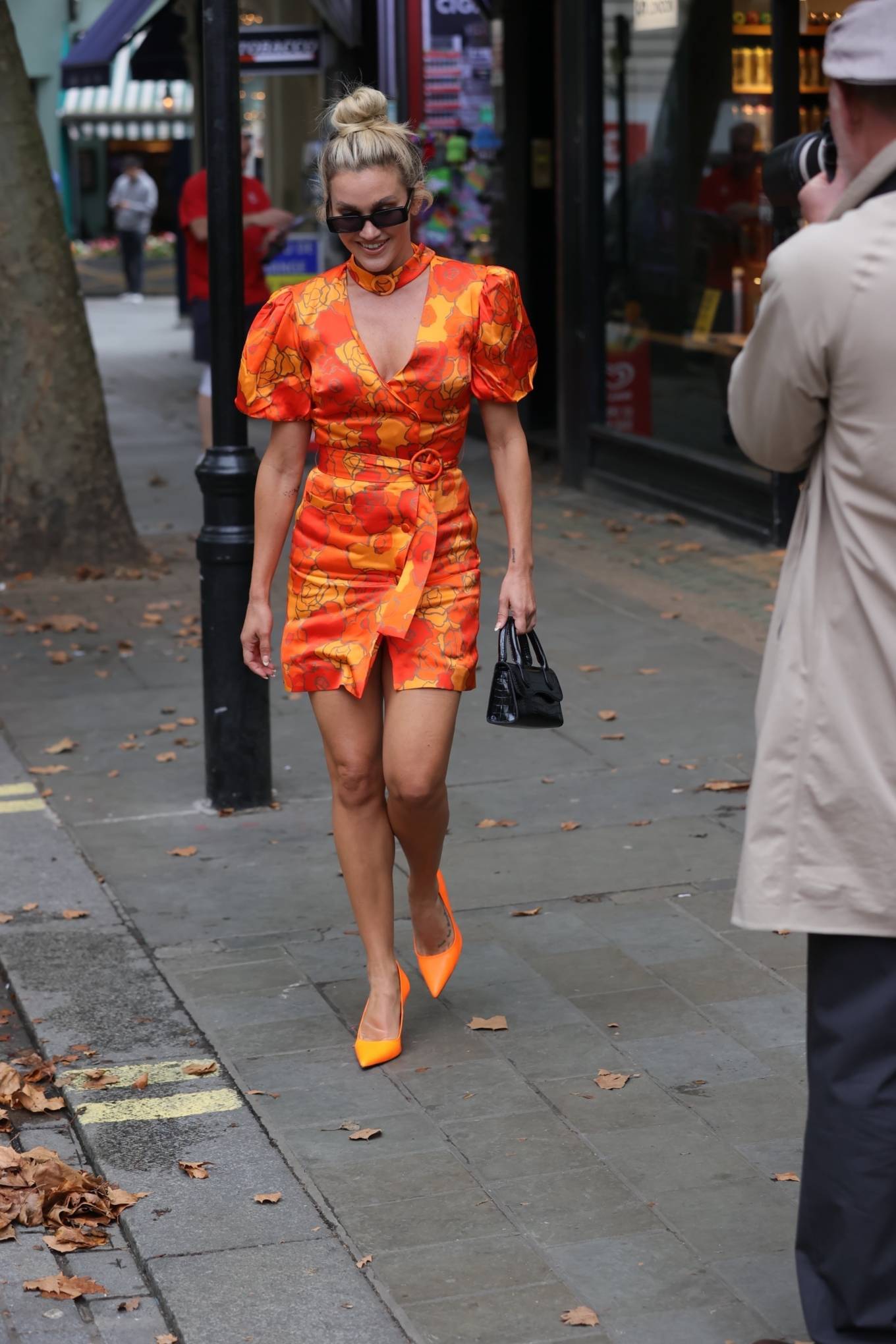 Ashley Roberts 2021 : Ashley Roberts – Wears striking orange mini dress at Heart radio in London-11