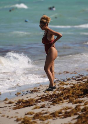 Ashly Ariza in Red Swimsuit on the beach in Miami