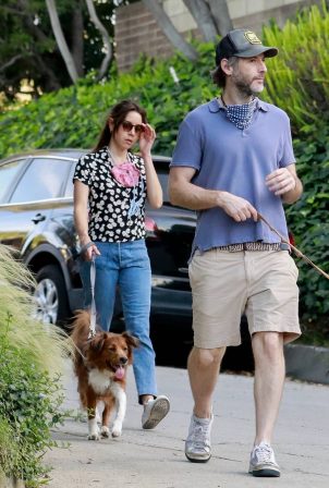 Aubrey Plaza and Jeff Baena take their two dogs for their daily jaunt in Los Feliz