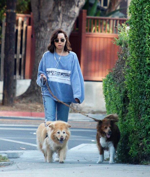 Aubrey Plaza - Taking her dogs out for a walk in Los Feliz