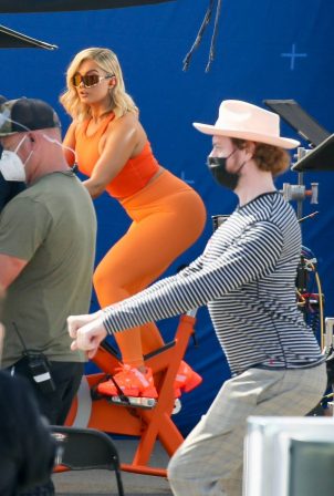 Bebe Rexha - Filming an ad for a new JBL headgear in Los Angeles