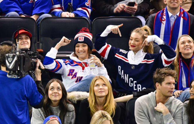 Bella and Gigi Hadid - Anaheim Ducks v New York Rangers ice hockey game in NYC