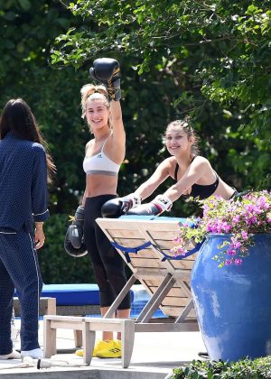 Bella Hadid and Hailey Baldwin - Boxing workout in the garden in Miami Beach