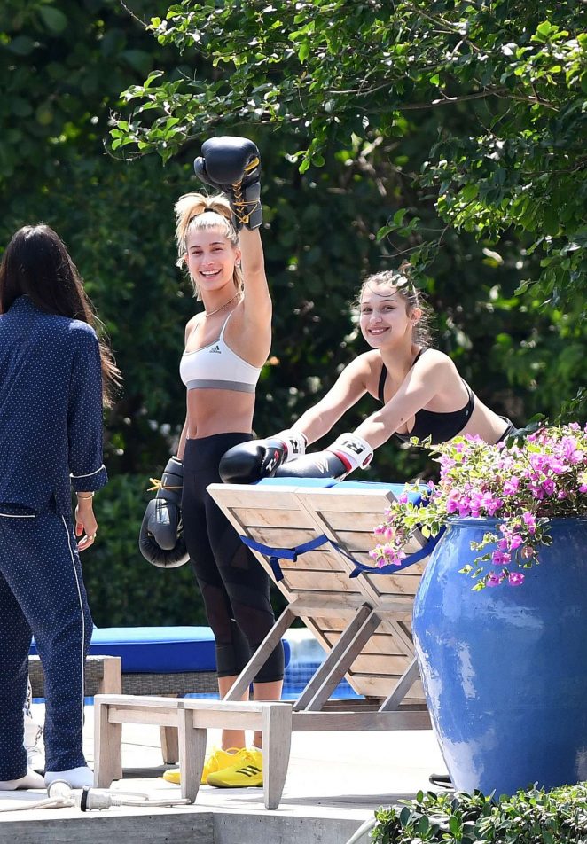 Bella Hadid and Hailey Baldwin - Boxing workout in the garden in Miami Beach