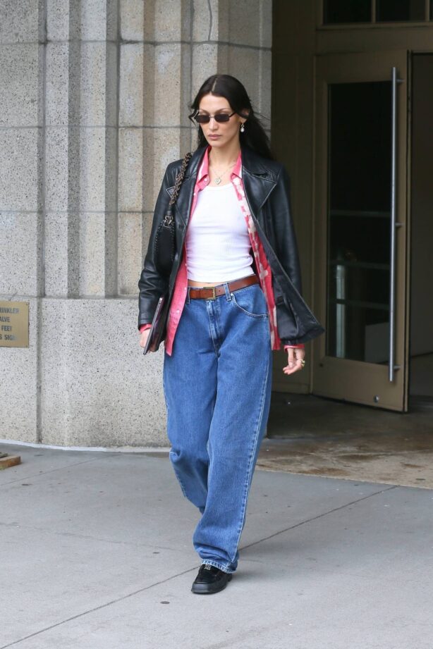 Bella Hadid - In a black leather jacket out in Tribeca