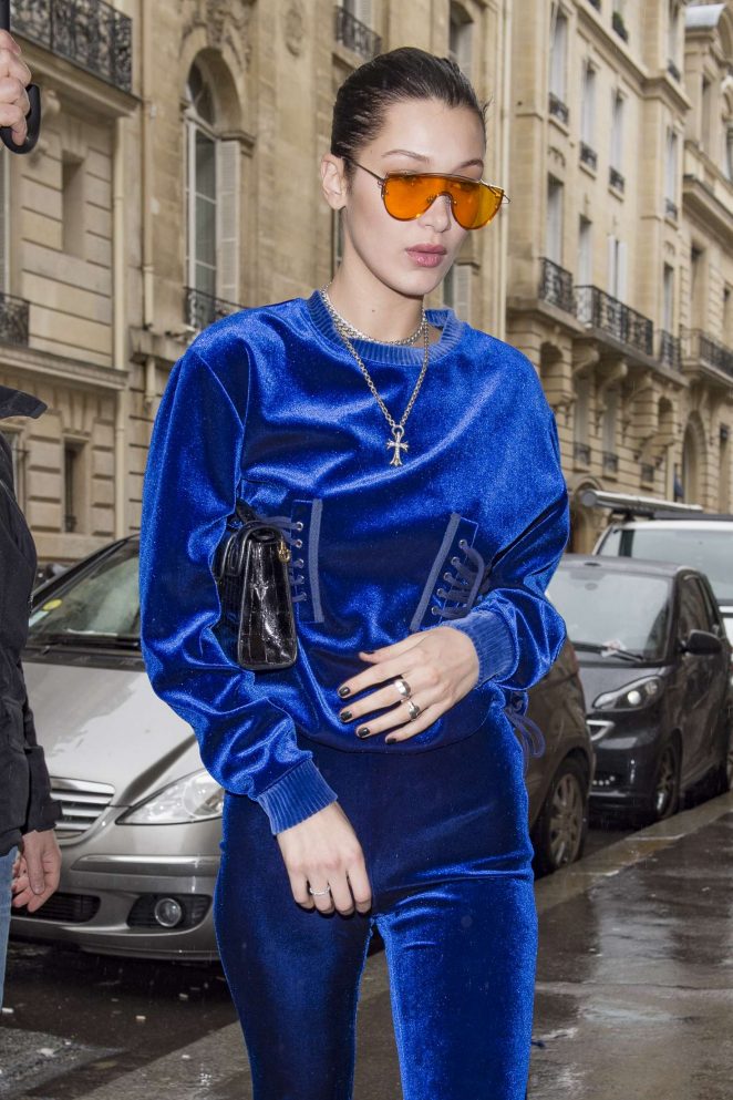 Bella Hadid in a blue velvet tracksuit out in Paris