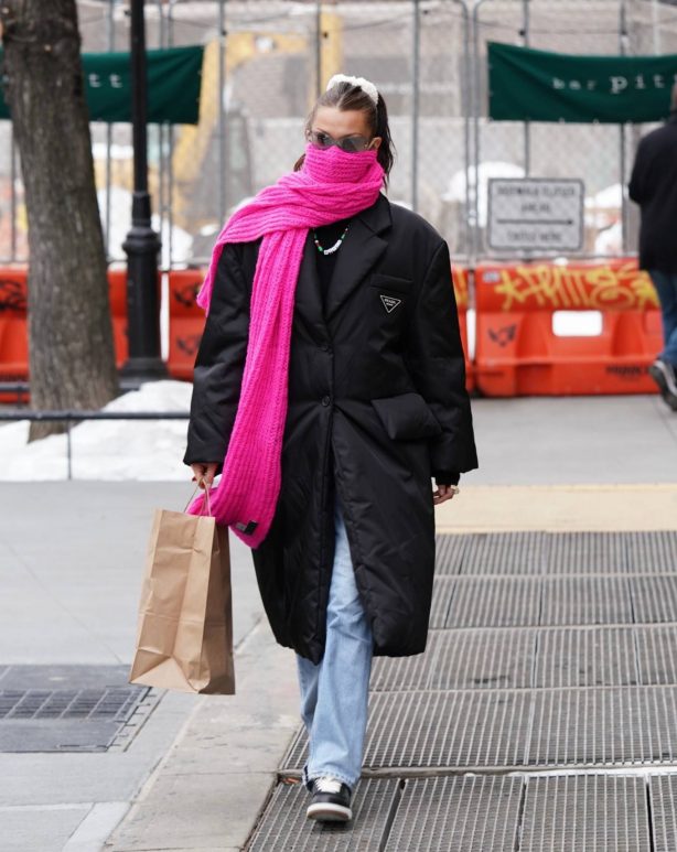 Bella Hadid - In a Prada coat and a pink scarf seen while out for lunch in New York