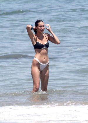 Bella Hadid in Black and White Bikini at the beach in Thousand Oaks