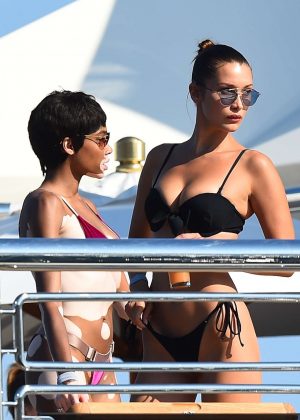 Bella Hadid in Black Bikini on a yacht in Cannes