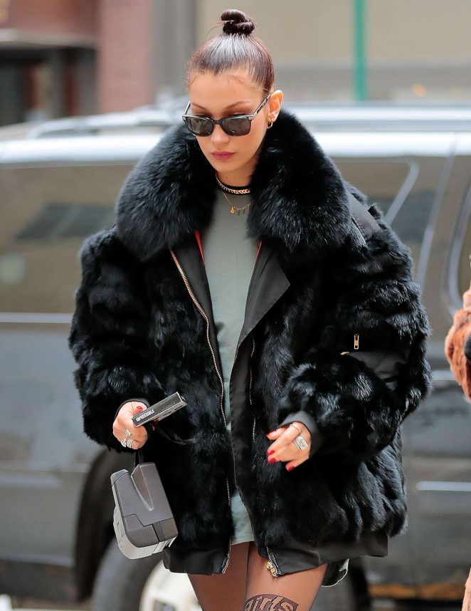 Bella Hadid in Black Fur Caot Out in NYC